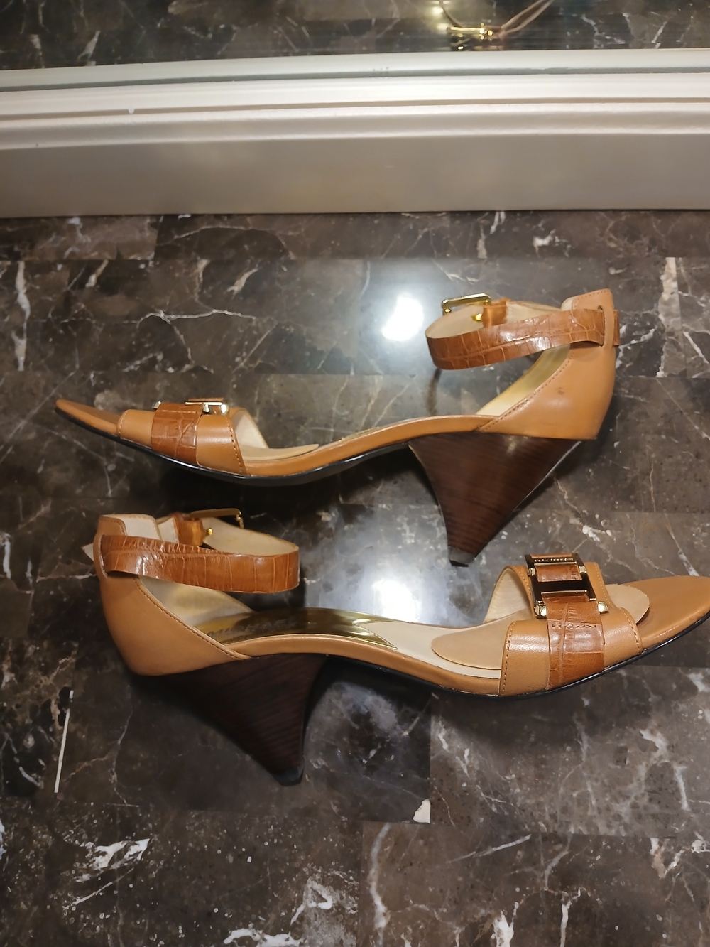 MICHAEL Michael Kors Tan and Gold Open-Toe Ankle-Strap Heels - Picture 9 of 15